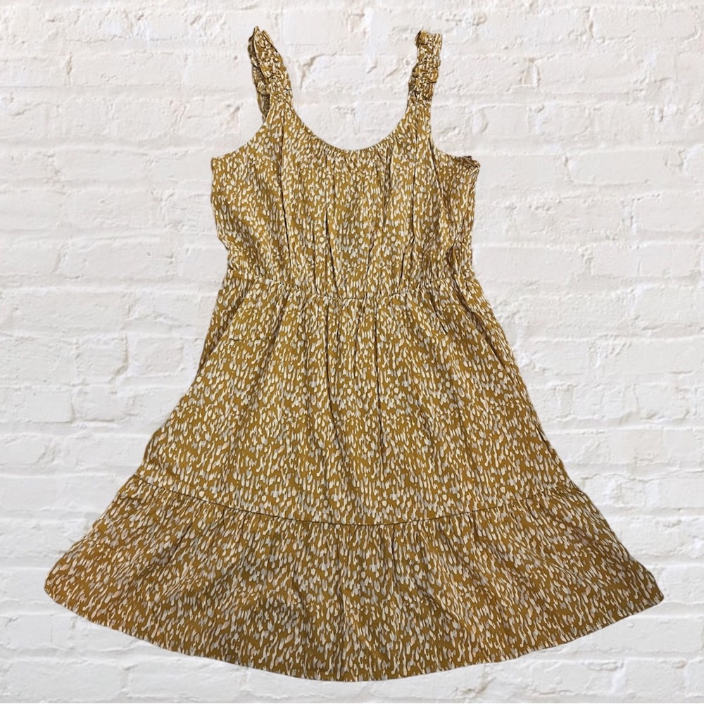🆕 Banana Republic ruffle detail strap sleeveless a-line mustard abstract dress